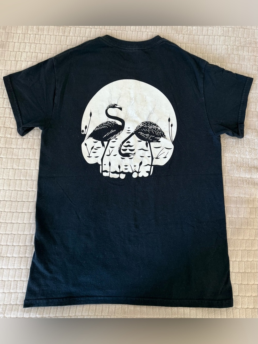 Men's Black Short Sleeve Graphic Tee with White Flamingo Skull Design